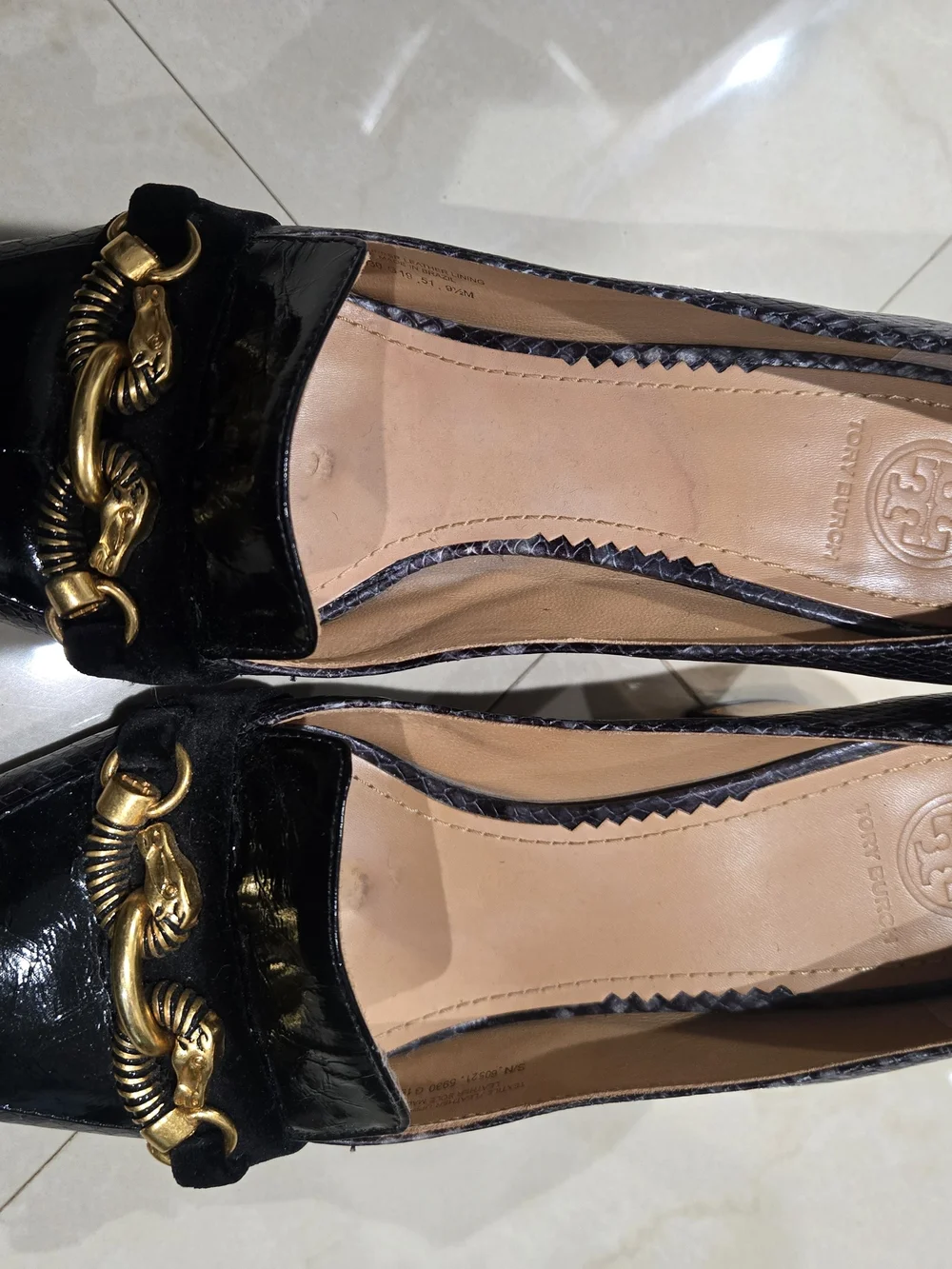 Tory Burch Black Textured Block Heel Loafer Pumps with Gold Accent